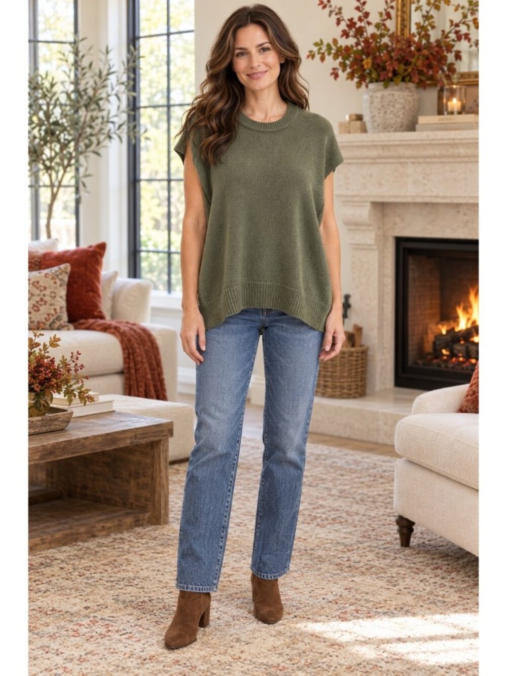 New ME+EM Lofty Cashmere Relaxed Curved Hem Vest Womens Large Olive